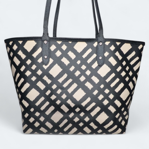 Coach City Tote Wild Plaid Black & Cream Coated Canvas Handbag Reversible Purse - Picture 4 of 16